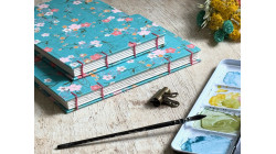 Carnet d’aquarelle A5 portrait ou paysage – Couverture en papier japonais floral turquoise