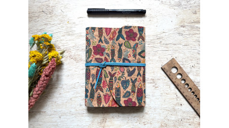Carnet écriture liège format B6 motif poissons fleurs colorés reliure artisanale
