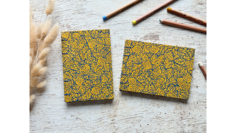 Carnet de croquis A6 paysage ou portrait reliure copte fait main Feuillage jaune
