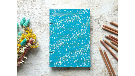 Carnet de croquis A5 portrait reliure copte fait main Fleurs au vent bleu canard