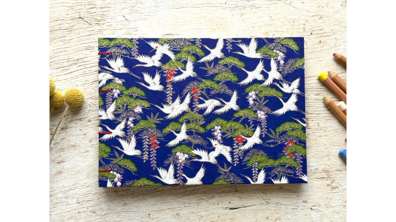 Carnet de croquis A5 paysage reliure copte fait main Grues pins japonais glycines