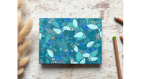 Carnet de croquis A6 paysage reliure copte fait main Feuilles baies fruits bleu canard